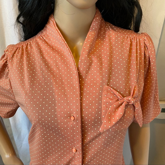 Vintage 70’s Stoplight of California Peach Polka-Dot Button Down Blouse - M - Picture 9 of 12